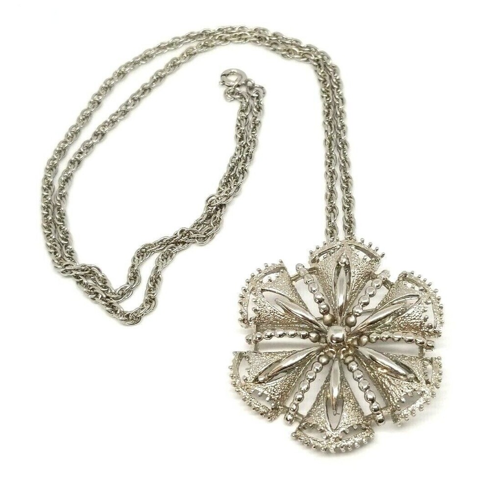 Rebecca Flower Brooch Pendant Silver Tone Openwork Pin Necklace Signed Vintage - Picture 2 of 9